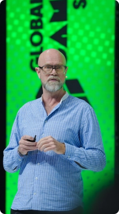 Live speaker session on stage at gaming conference
